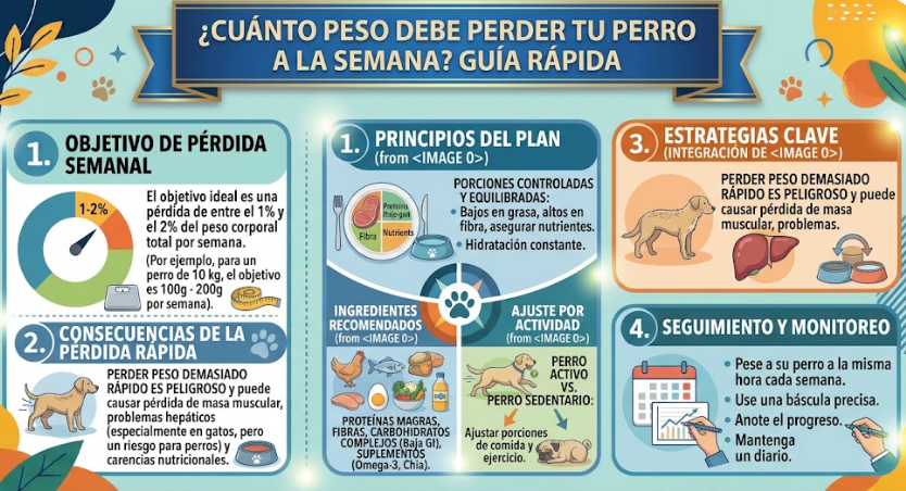 Perro pesándose en una báscula mientras se anota su evolución semanal