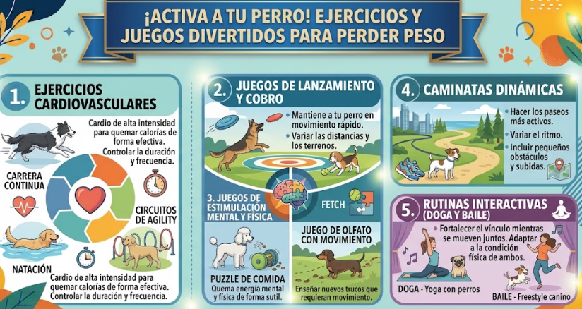Perro jugando con una pelota en un parque como ejercicio para perder peso