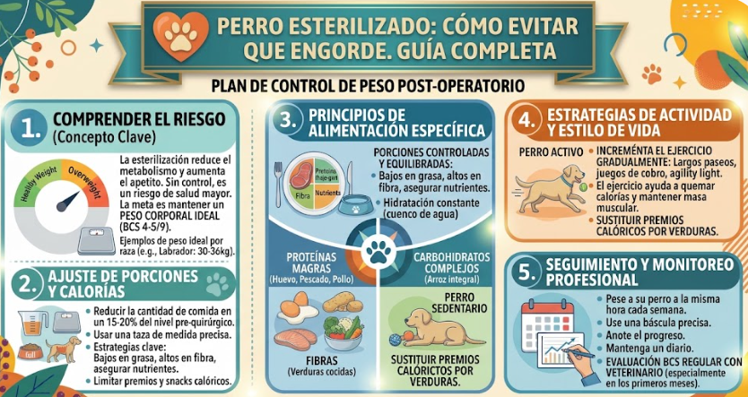 Perro esterilizado descansando en casa junto a su ración de comida medida